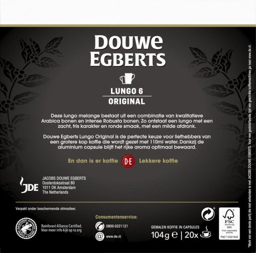 Douwe Egberts Lungo Original Koffiecups - Intensiteit 6/12 - 10 x 20 capsules - Afbeelding 2