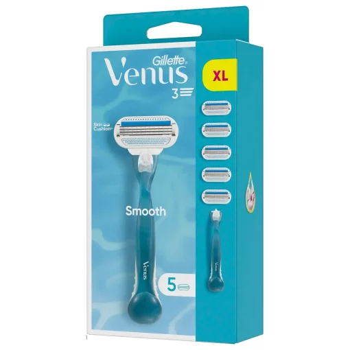 Gillette Venus Smooth 5 mesjes + houder doosje voorzijde schuin links