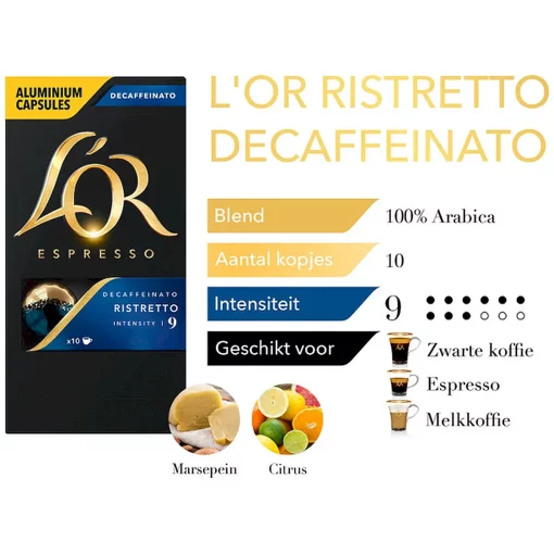 L'OR Espresso Ristretto Decaffeinato Koffiecups Intensiteit 9/12 100 cups