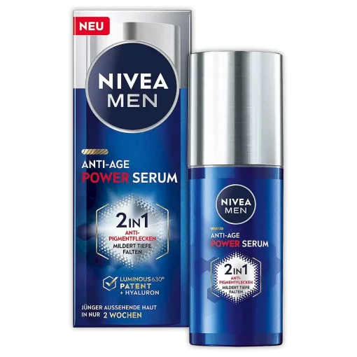 NIVEA MEN Anti-Age 2in1 Power Gezichtsserum Met hyaluronzuur en Luminous630 30 ml verpakking met