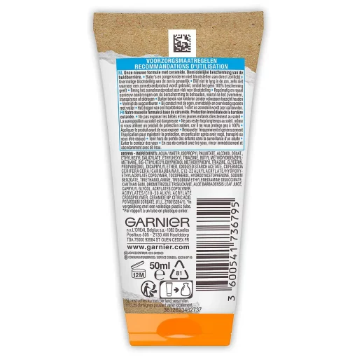 Garnier Ambre Solaire Kids Zonnebrand crème SPF50 50ml flakon -achterzijde