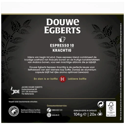 Douwe Egberts koffiecups Espresso Krachtig 10 - voordeelpak 20 cups achterzijde