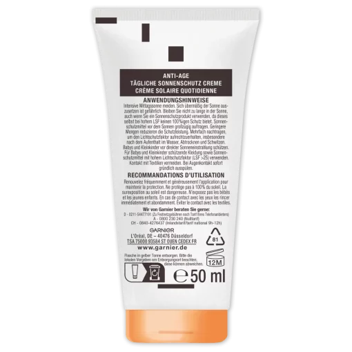 Garnier Ambre Solaire zonnebrandcrème Gezicht 50 ml tube achterzijde