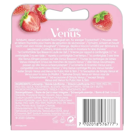 Gillette Venus Comfortglide Strawberry Scheermesjes voor dames, 4 stuks verpakking achterzijde