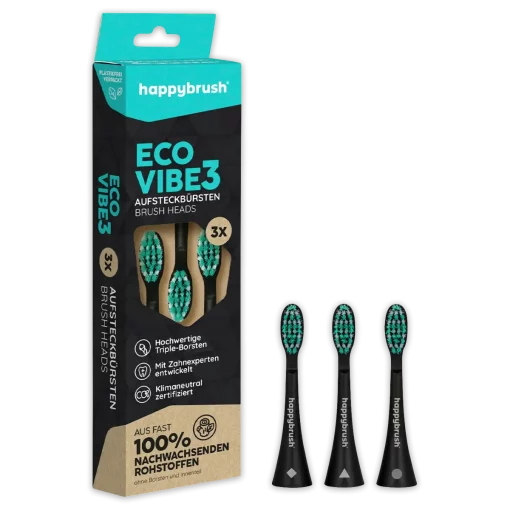 happybrush ecovibe3 opzetborsteltjes 3 pack verpakking en borstels