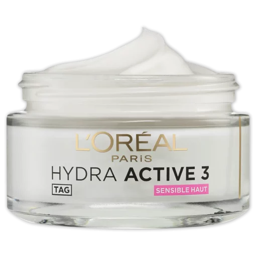 L'Oréal Paris Hydra Active 3 Gezichtscrème voor Droge Gevoelige Huid, 50 ml potje open