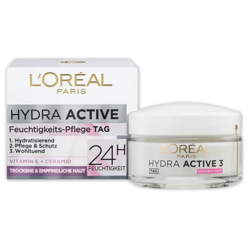 L'Oréal Paris Hydra Active 3 Gezichtscrème voor Droge Gevoelige Huid, 50 ml verpakking en potje