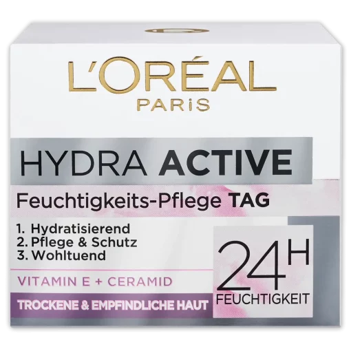 L'Oréal Paris Hydra Active 3 Gezichtscrème voor Droge Gevoelige Huid, 50 ml verpakking voorzijde