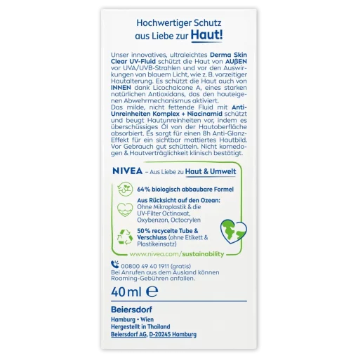 Nivea Sun Derma Skin Clear SPF 50+ - Beschermende zonnebrandcrème verapkking achterzijde