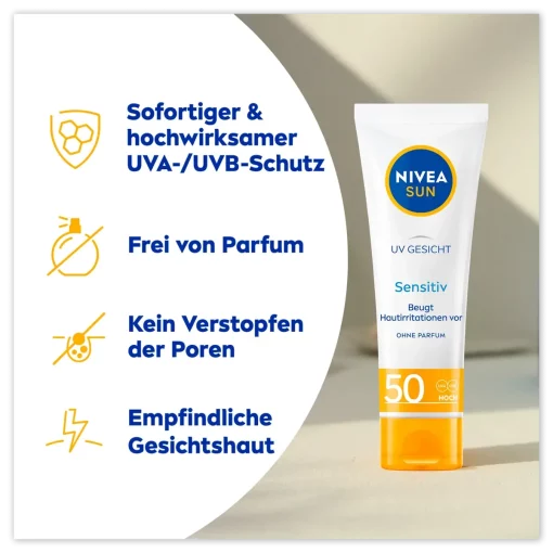 Nivea Sun Zonnecrème Gezicht Gevoelig SPF 50, 50 ml highights