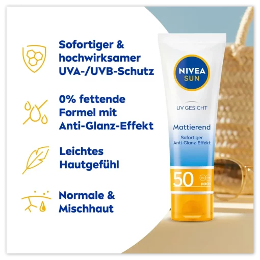 Nivea Sun Zonnematerende gezichtscrème SPF50, 50 ml highlights