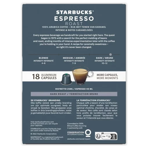 Starbucks by Nespresso capsules Espresso Roast koffiecups, 18 stuks achterzijde verpakking