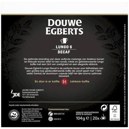 Douwe Egberts Lungo Decaf Koffiecups - Intensiteit 6/12 - 20 capsules achterzijde