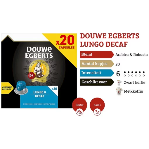 Douwe Egberts Lungo Decaf Koffiecups - Intensiteit 6/12 - 20 capsules sterkte