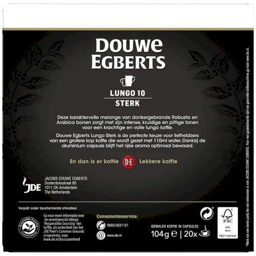 Douwe Egberts Lungo Sterk Koffiecups - Intensiteit 10/12 - 20 capsules achterzijde verpakking