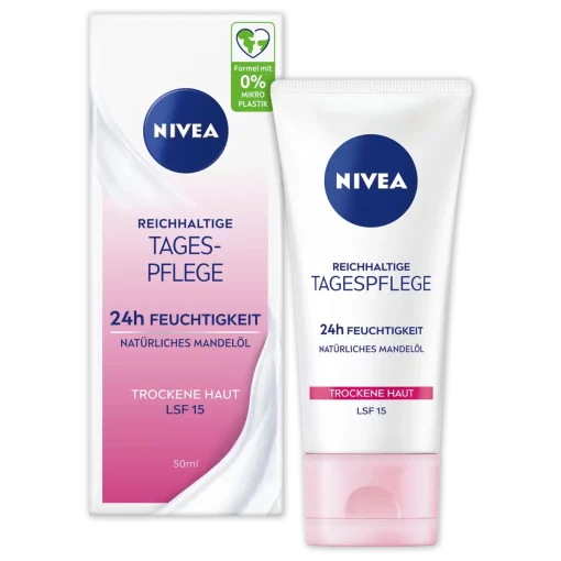 Nivea Gezichtscrème Essentials droge huid SPF 15, 50ml verpakking en tube