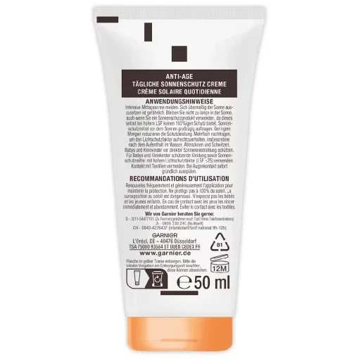 Garnier Ambre Solaire Super UV SPF50 tube achterzijde