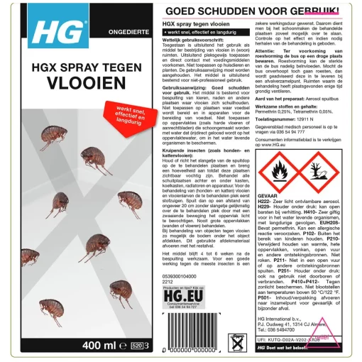 HGX Spray Tegen Vlooien (400ml) Effectieve Vlooienbestrijding in Huis label