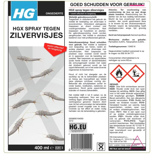 HGX Spray Tegen Zilvervisjes (400ml) Langdurige Bestrijding (4-6 Weken) label