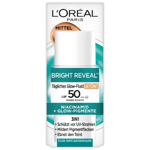 L'Oréal Bright Reveal SPF50 MITTEL Getinte Glow Fluid 50ml verpakking voorzijde