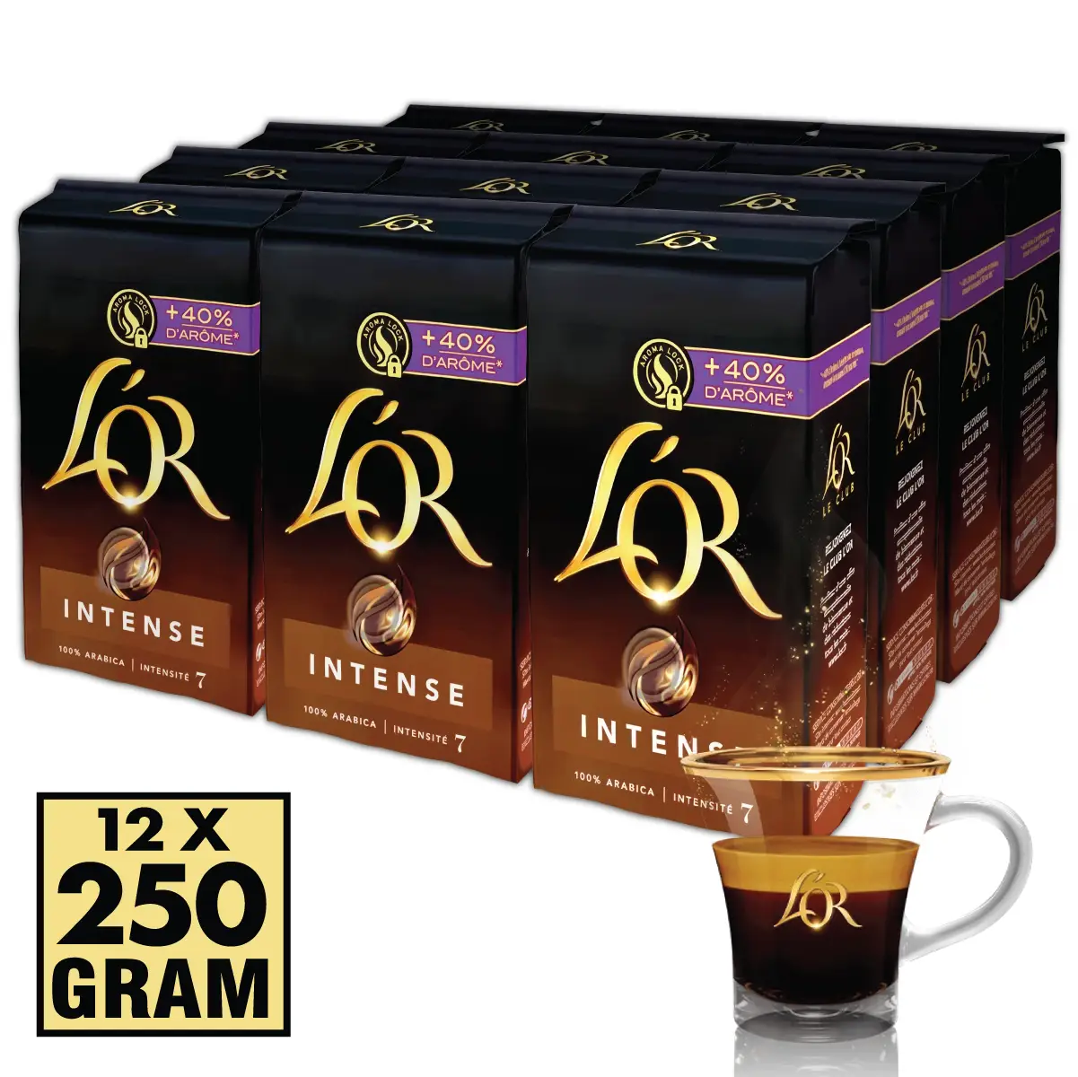 L'Or Intense Gemalen Koffie 12x250gram 100% Arabica **Intensiteit 7 (2,90 p/pak) 3 L'Or Intense Gemalen Koffie 12x250gram 100% Arabica **Intensiteit 7 (2,90 p/pak)