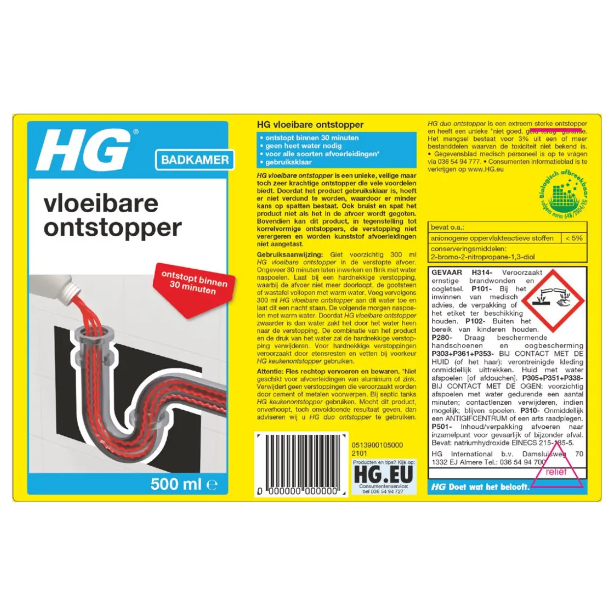 HG Vloeibare Ontstopper 6x500ml 5 HG Vloeibare Ontstopper 500ml Snel en Krachtig