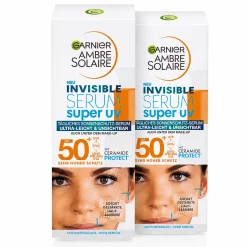2x Garnier Ambre Solaire Zonnebrand Face invisible Serum super UV, SPF 50+, 30ml