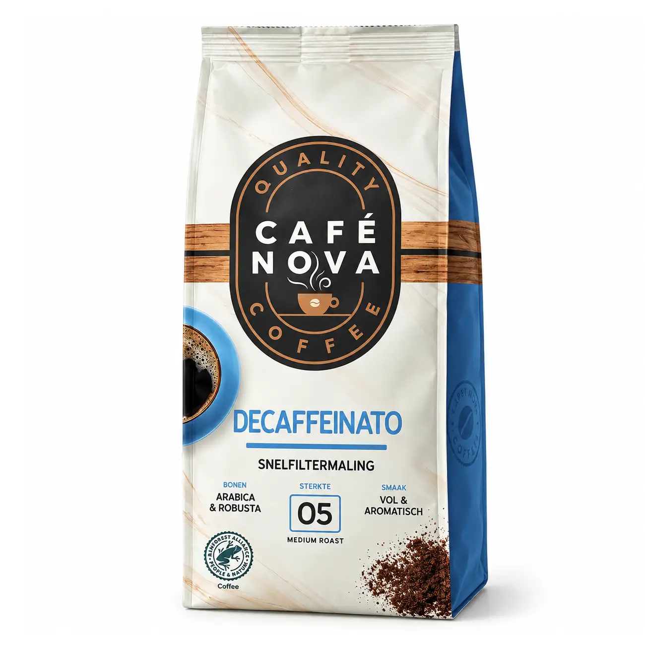 Café Nova Decaffeinato Cafeïnevrije Snelfiltermaling 500g 3 Café Nova Decaffeinato Cafeïnevrije Snelfiltermaling 500g