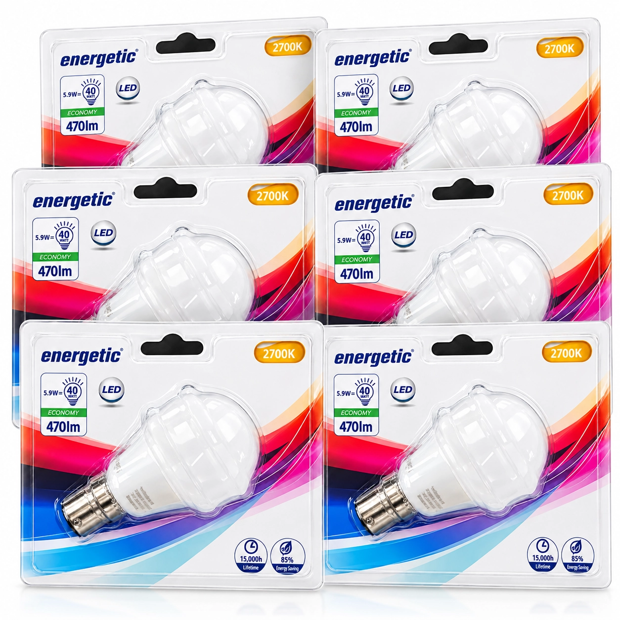 Energetic LED Kogellamp – B22 – 5,9W – 470 Lumen – 2700K Warm Wit 6x 2 Energetic LED Kogellamp – B22 – 5,9W – 470 Lumen – 2700K Warm Wit 6x
